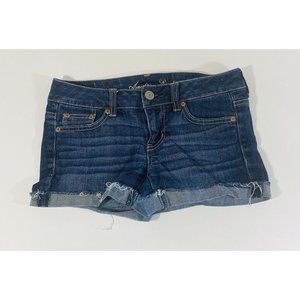 American Eagle Womens Jean Shorts Sz 2 Stretch Denim Cuffed Booty Mini Raw Hem